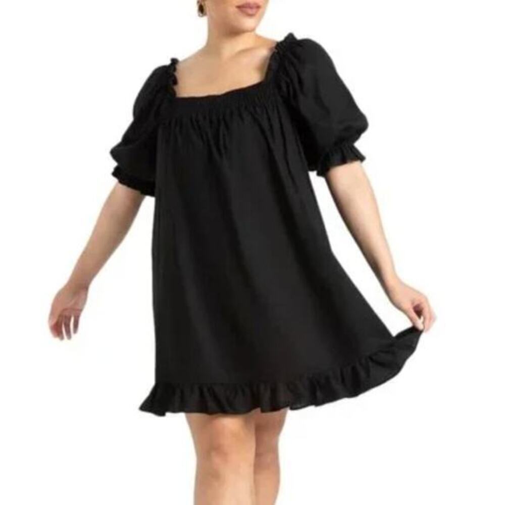 New! Eloquii linen blend Smocked Front Mini Day Dress in black, 14/16